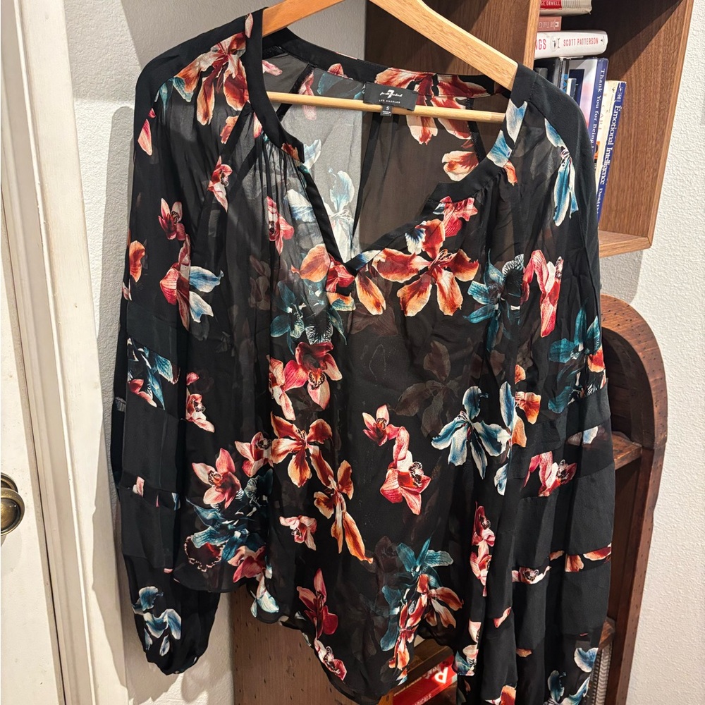 7 For All Mankind Sheer Floral Tiered Balloon Sleeved Blouse